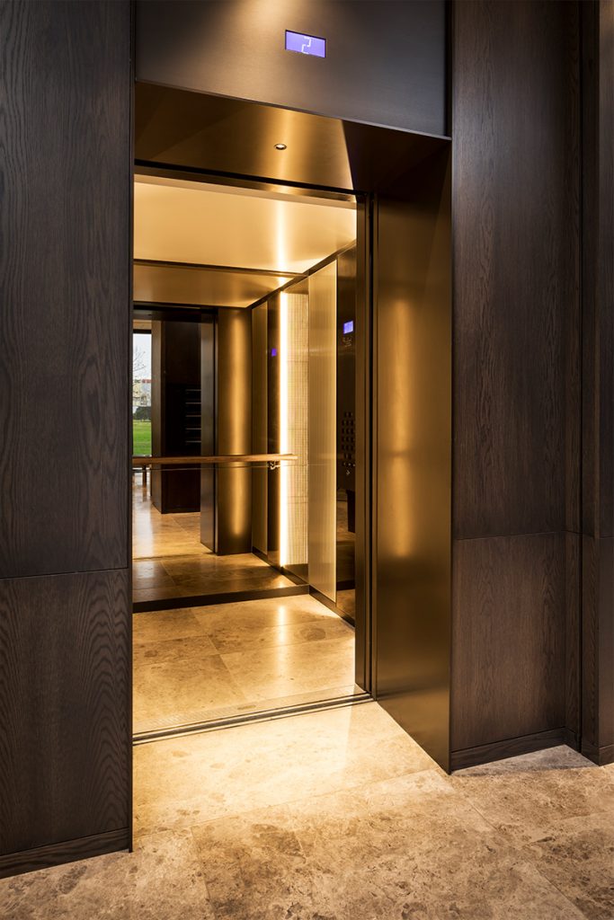 Elevator interior, Fenman House, Kings Cross London by Johnson Naylor Architects.