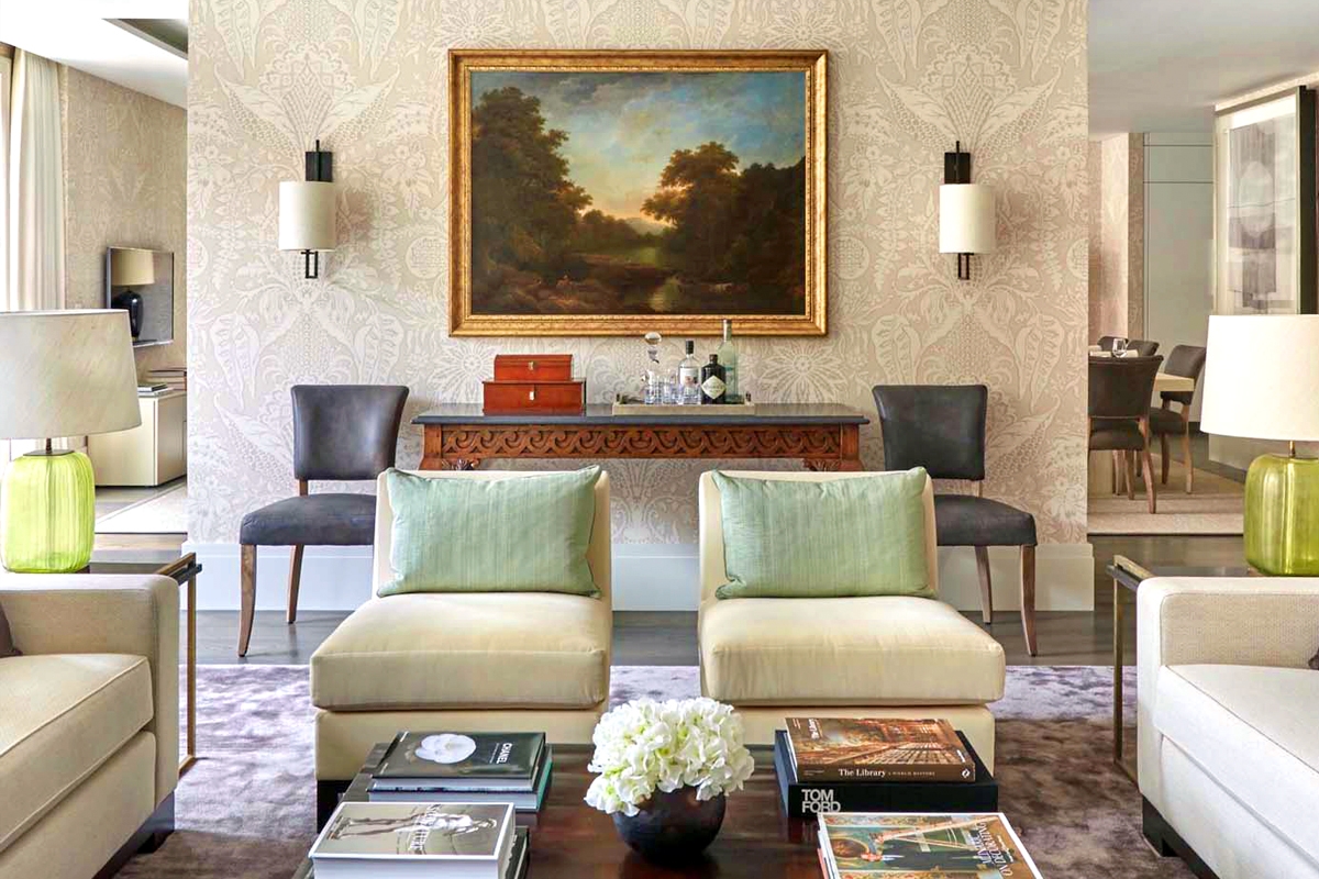 Combination of antiques with contemporary furniture in sitting room of lateral apartment for Lennox Investments, Chelsea, London by Todhunter Earle.